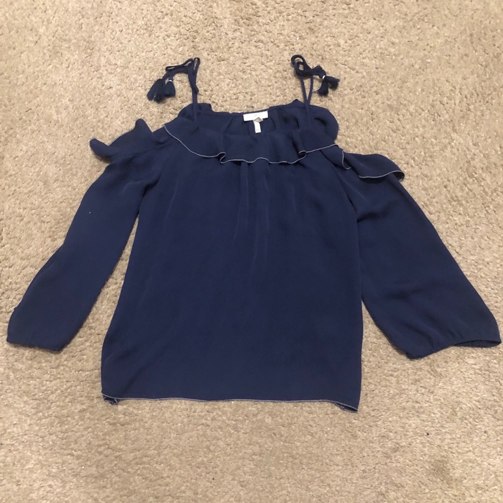 Joie Navy Cold-Shoulder Ruffle Tie-Shoulder Blouse Size L - Picture 7 of 11